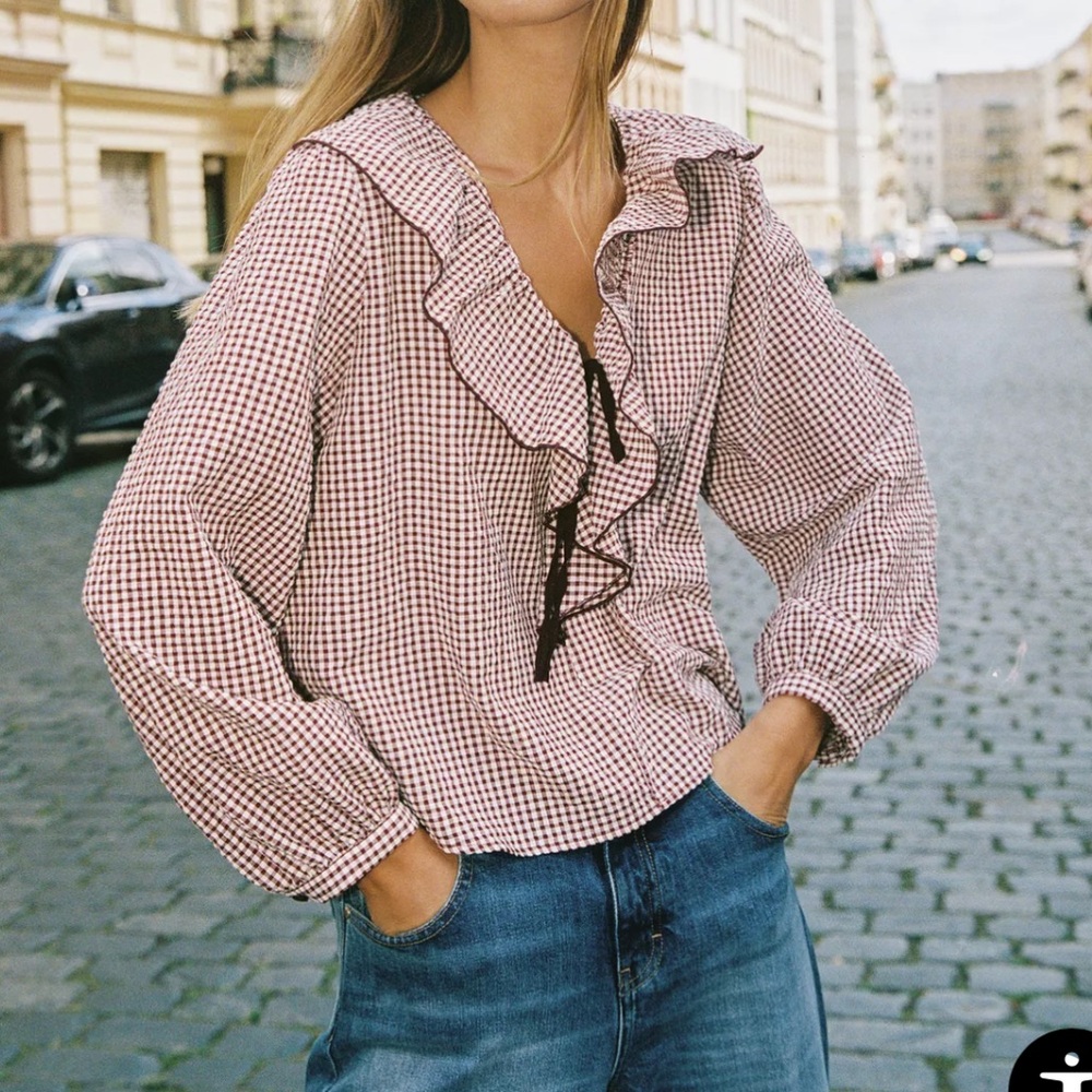 Zara Gingham Ruffle Seersucker Blouse